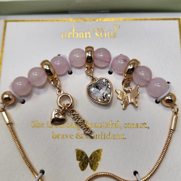 Rose Quartz Bead Heart Crystal Mama Charm Bracelet Gold Tone Slide Adjustable - Picture 2 of 5